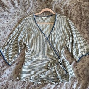Sundance Gray Striped Wrap Blouse with Blue Trim
